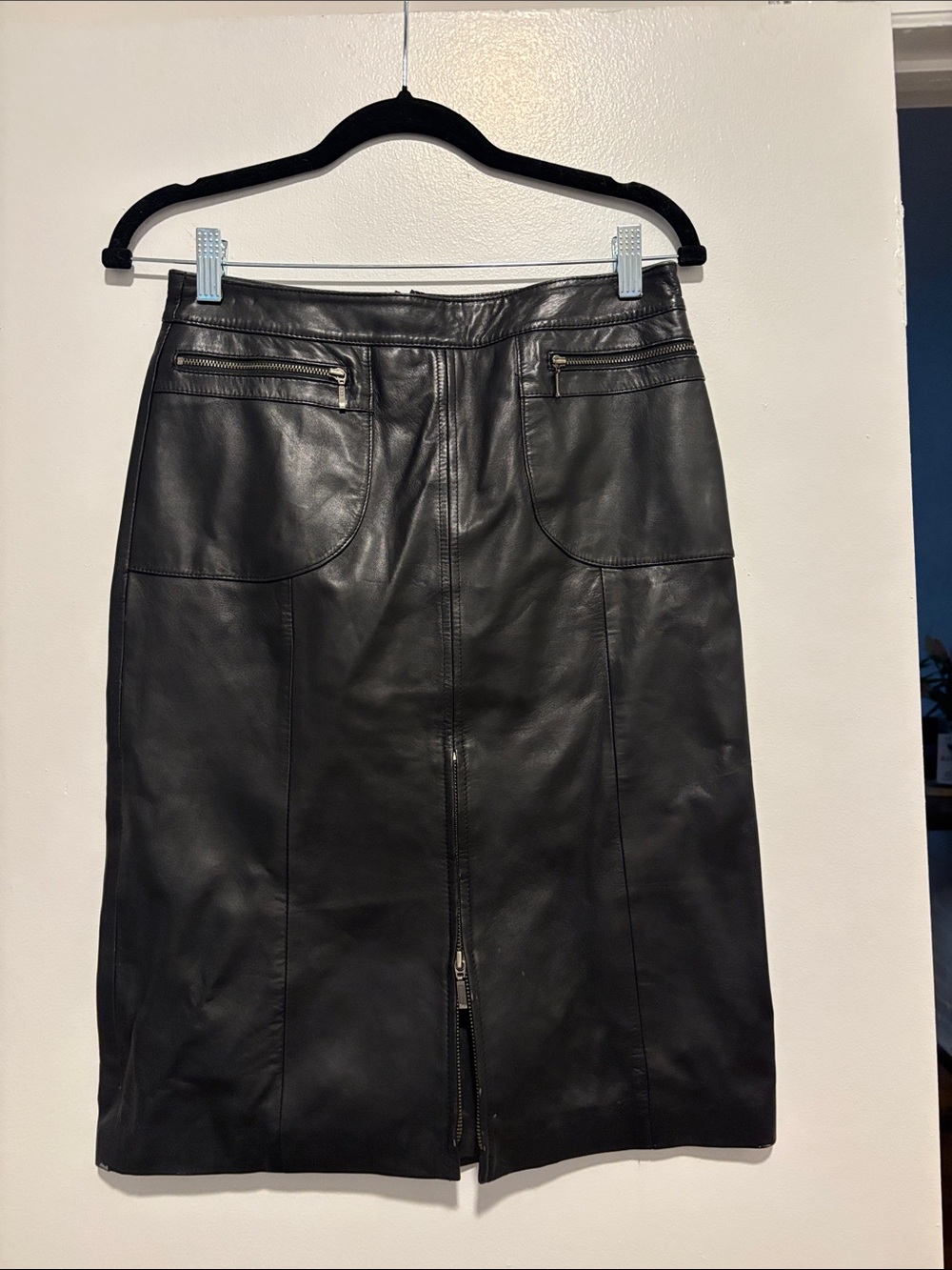 Black 100% Leather Zip-Front Pencil Skirt with Pocket Detail